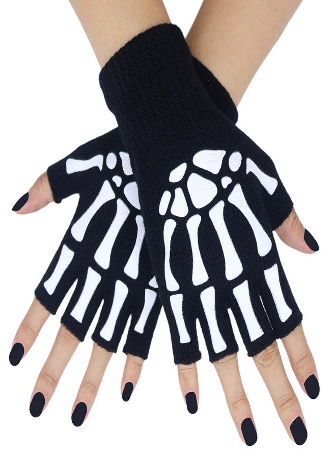 Drokenle Skeleton Fingerless Gloves for Men Women, Halloween Costume Skull Bone Gloves Glow in The Dark Ghost Halloween Costume Accessories - Image 1